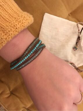 Chan Luu Brown Leather Handcrafted Turquoise Beaded Wrap Bracelet